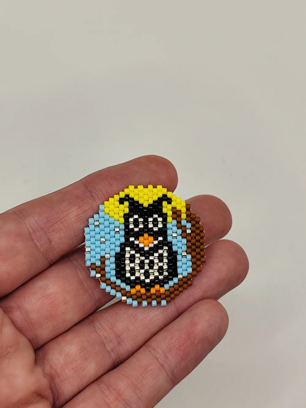 Beaded Owl Circle Pin - Yellow Blue Brown